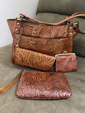 RARE 4-Pc Set Patricia Nash "Tobacco Fields" Romina Tote & Slim Flap Wallet
